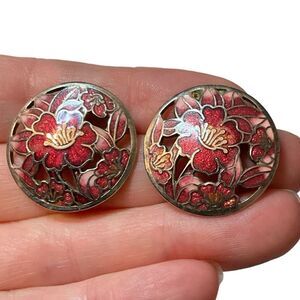 Round Floral Cloisonné (Cloisonne) Enamel Cut Out Pierced Stud Earrings